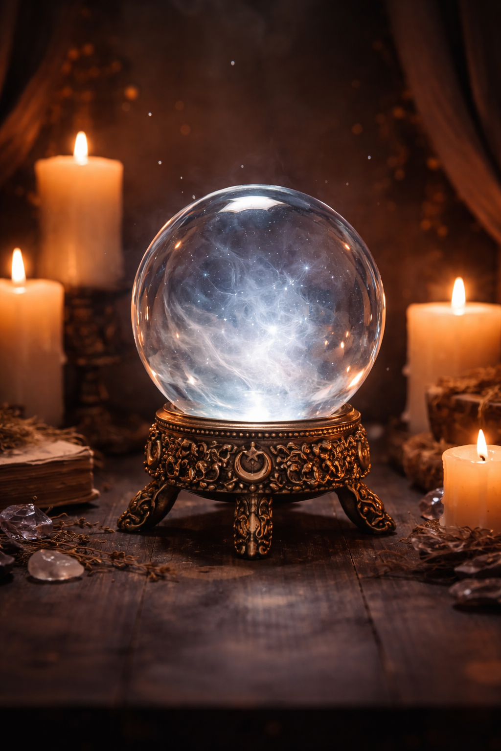 Crystal ball on stand with candlelight