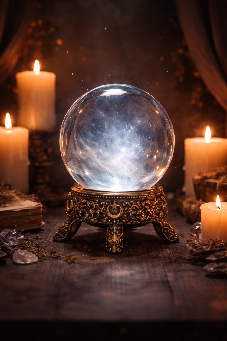 Crystal ball on stand with candlelight